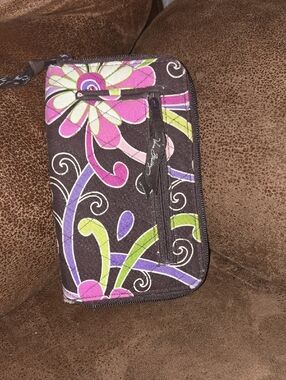Vera Bradley Brown Floral Zip Wallet with Pink, Green & Purple Accents